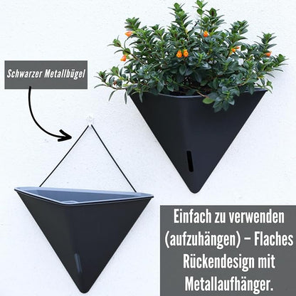 LaLaGreen Indoor Wall Planter (12in, 2 Pack) Black Self Watering Flower Pot | Large Geometric Hanging Vase Vessel with Metal Hanger, Modern Stylish Wall Mounted Succulent Pot Holder Decor