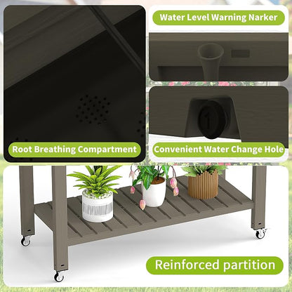 PatioZen Raised Garden Bed with Legs, 33.66" Tall Self-Watering Resin Planter Box with Lockable Wheels Drainage Plug and Gauge for Vegetables, Flowers, Storage Shelf for Tools and Accessories (Grey)