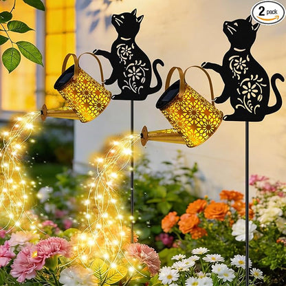 VOOKRY Solar Lights Outdoor,Watering Can with Cat Silhouette Stake | Garden Gifts for Mom,Women&Garden Lovers Waterproof Metal Garden Water kettle,Decorative Yard Patio Lawn Pathway Decor(1Pack)
