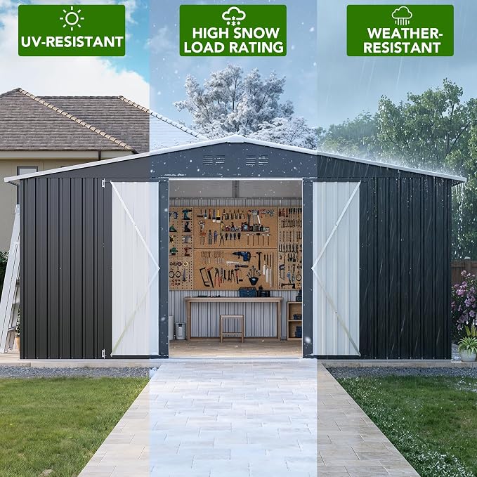 MXV 14 x 12FT Outdoor Storage Shed, Metal Garden Shed with Windows, Double Lockable Doors & Sloped Roof, Waterproof Tool Sheds for Backyard Garden Patio Lawn, Black