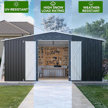 MXV 14 x 12FT Outdoor Storage Shed, Metal Garden Shed with Windows, Double Lockable Doors & Sloped Roof, Waterproof Tool Sheds for Backyard Garden Patio Lawn, Black