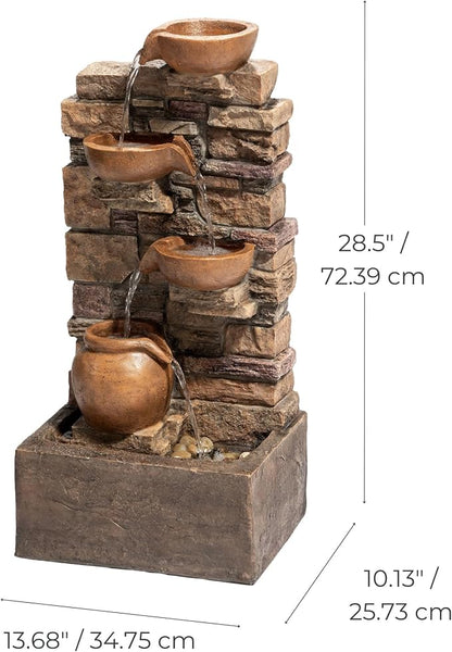 Teamson Home 28.5" Outdoor 4-Tier Stacked Stone Cascading Water Fountain with LED Lights, Brown | Cascading Water, LED Lights