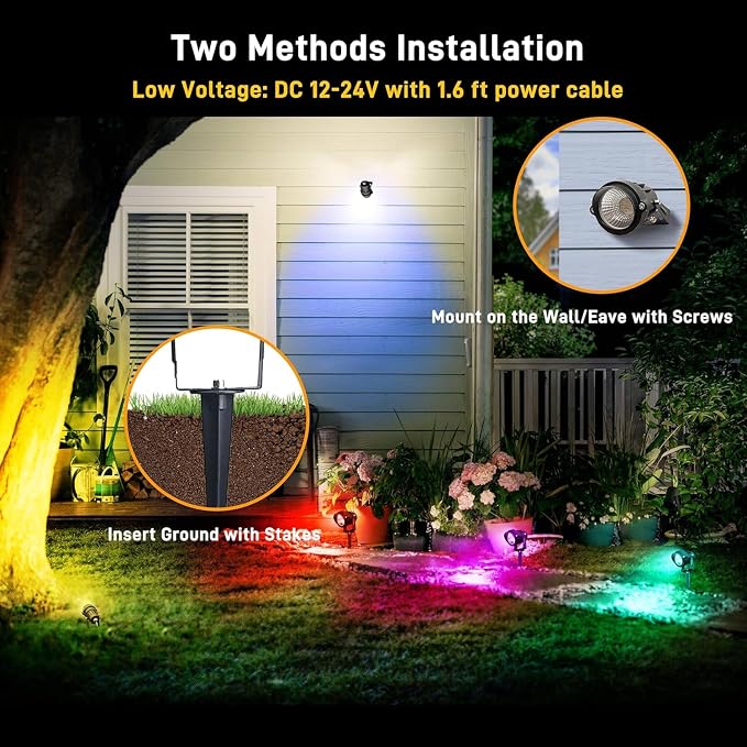 12W RGBW Landscape Spotlights, Color Changing Lights with Remote | 16 colors with warm white, waterproof memory recall and plug-in setup for vibrant year-round landscape lighting