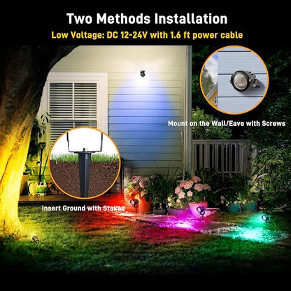 12W RGBW Landscape Spotlights, Color Changing Lights with Remote | 16 colors with warm white, waterproof memory recall and plug-in setup for vibrant year-round landscape lighting