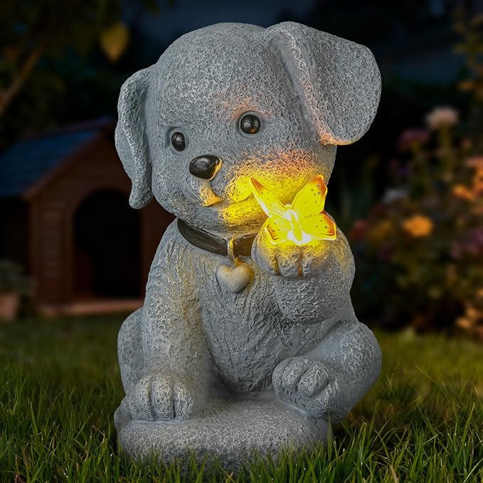 Solar Dog Statue with Butterfly, Outdoor Garden Decor with LED Light for Patio, Lawn Ornament for Courtyard, Valentine's Day Birthday Gift for Women Mom Grandma