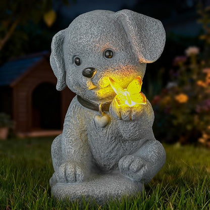 Solar Dog Statue with Butterfly, Outdoor Garden Decor with LED Light for Patio, Lawn Ornament for Courtyard, Valentine's Day Birthday Gift for Women Mom Grandma