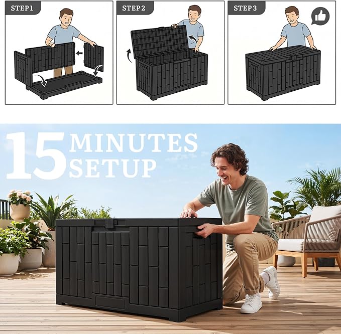 YITAHOME 60 Gallon Outdoor Storage Box | Waterproof Resin Deck Box with Slide-Locking Lid, Patio Storage Bin and Bench Seat for Patio Furniture, Garden Tools and Pool