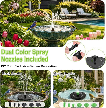 3.5W Solar Fountain Pump, Solar Bird Bath Fountain with 6 Green & 6 Black Nozzles, Solar Water Pump for Outdoor Garden Patio Small Pond Fish Tank Landscape Decoration