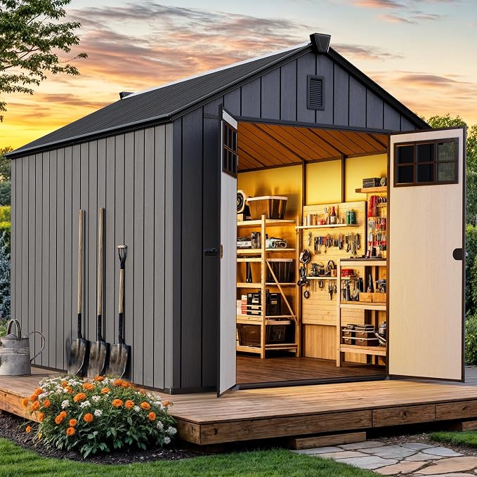 YITAHOME 8x10 FT Outdoor Storage Shed with Floor, Extra Thick Plastic Garden Shed for Bikes, Tools and Pool Supplies, Resin Storage Shed with Door Window Insert, Vents for Patio Backyard, Black