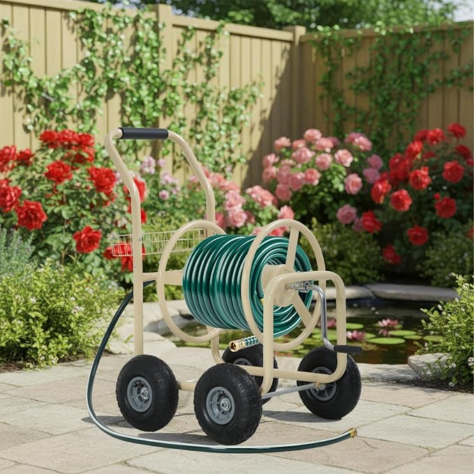FDW Garden Hose Reel Cart, Water Hose Cart with 4 Wheels, Hold Up to 300 ft of 5/8’’ Hose，Heavy Duty Powder-Coated Steel Planting with Storage Basket, for Garden, Yard and Lawn