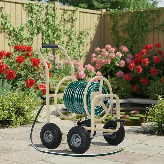 FDW Garden Hose Reel Cart, Water Hose Cart with 4 Wheels, Hold Up to 300 ft of 5/8’’ Hose，Heavy Duty Powder-Coated Steel Planting with Storage Basket, for Garden, Yard and Lawn
