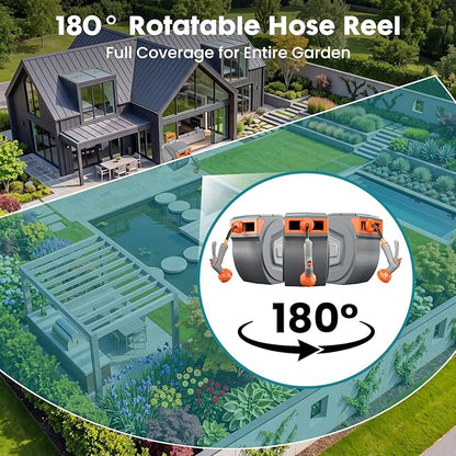 OLIXIS Automatic Retractable Garden Hose Reel, Heavy Duty Wall Mounted Water Reel with 1/2 in x 130 ft Hose, 9 Pattern Nozzle, Slow Rewind Any Length Lock, 180° Swivel for Garage Outside