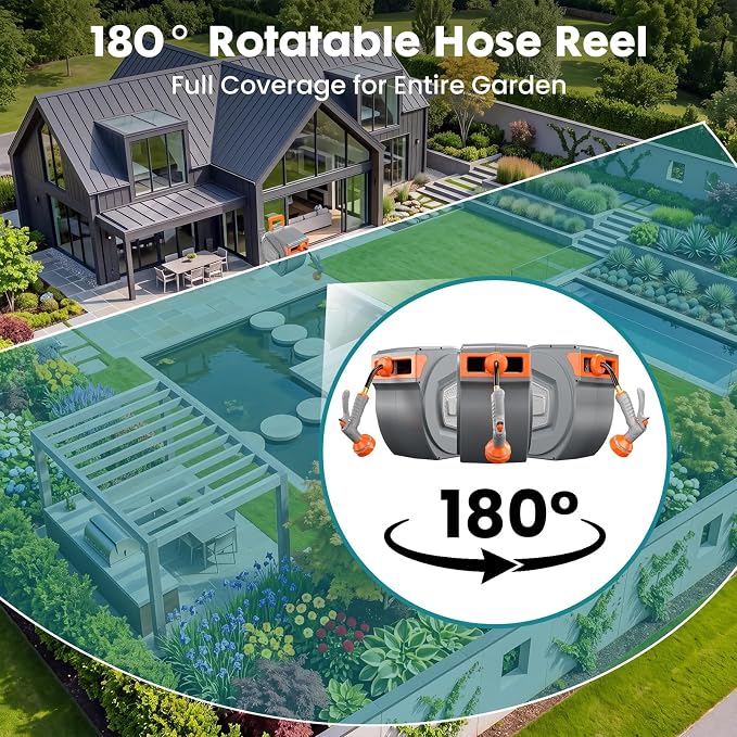 OLIXIS Automatic Retractable Garden Hose Reel, Heavy Duty Wall Mounted Water Reel with 1/2 in x 78 ft Hose, 9 Pattern Nozzle, Slow Rewind Any Length Lock, 180° Swivel for Garage Outside
