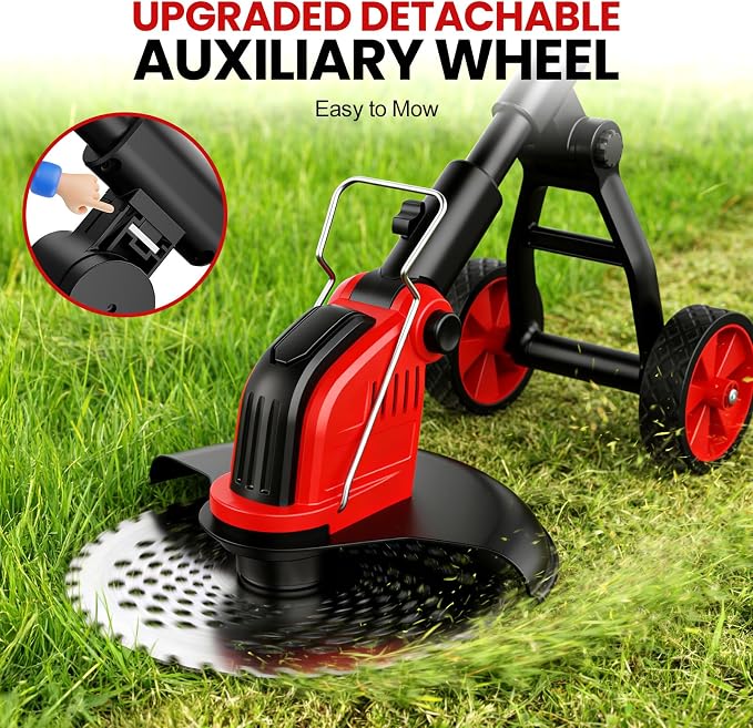12-Inch Weed Wacker with Wheels, 2x3.0Ah 21V Battery Powered Weed Eater, Cordless Lawn Mower with 4 Types Blades, 20000RPM Electric Brush Cutter Grass Trimmer for Garden Yard