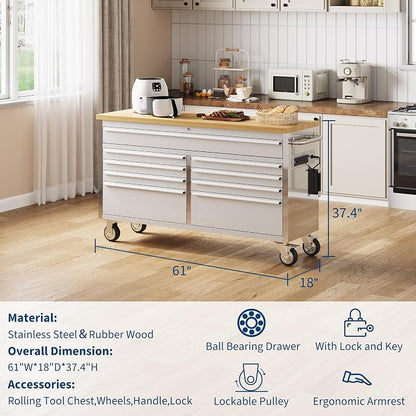 61-Inch Heavy-Duty Rolling Tool Chest & Mobile Workbench with 9 Drawers, Steel Storage Cabinet, Rubber Wood Tabletop, Key Locking System and Drawer Liners for Garage, Workshop, Repair Shop, Silver