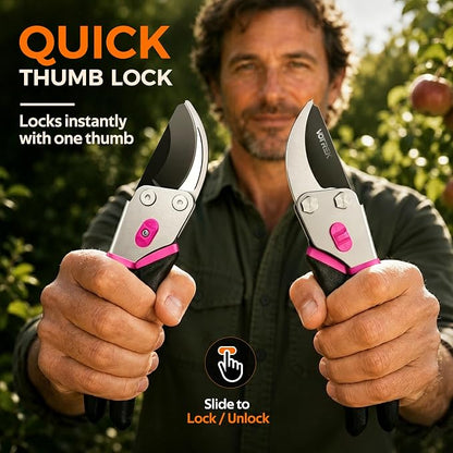 VOTREK® Pruning Shears, 8.5” Professional Garden Pruner with Jam-Proof Spring & Ever-Sharp SK5 Blade, Ergonomic Bypass Clippers for Rose, Tree, Heavy Duty Bonsai Scissor for Weak Hand