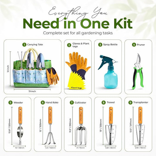 Gardening Tools Set with Organizer Handbag 9-Piece, Heavy‑Duty Rust‑Proof Garden Hand Tools, Wooden Handles,15 Plant Tags, Ideal Gardening Gift for Men & Women
