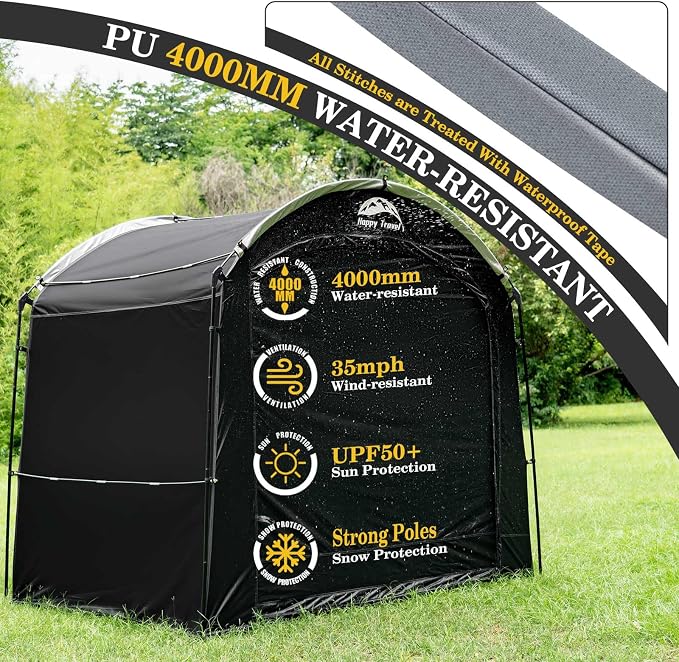 Happy Travel Bike Storage Shed Tent, Waterproof Portable Bicycle Cover with 30% More Top Storage Space for 2/3/4/5 Bikes,Clips Easy Setup Outdoor Sheds Shelter for Motorcycle, Garden Tools, Lawn Mower