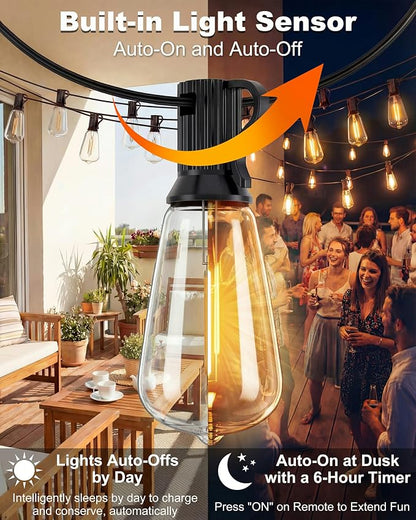 108FT (48+2) Outdoor String Lights Solar Powered, ST38 Dimmable Patio Lights with Remote & USB Charging, Dusk to Dawn, 2700K LED String Solar Light for Backyard, Garden, Porch, Wedding Decor