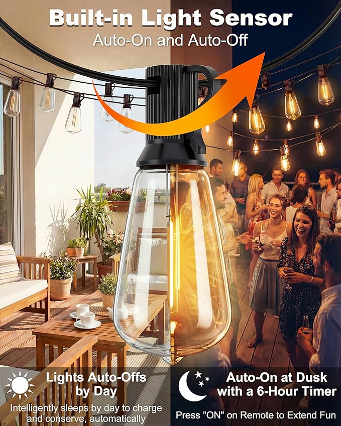 Outdoor String Lights Solar Powered, 108FT Dimmable Solar Patio Lights with Remote & 31 ST38 LED Shatterproof Bulbs, IP65 Waterproof, Dusk to Dawn Outdoor Lights for Backyard, Balcony, Party