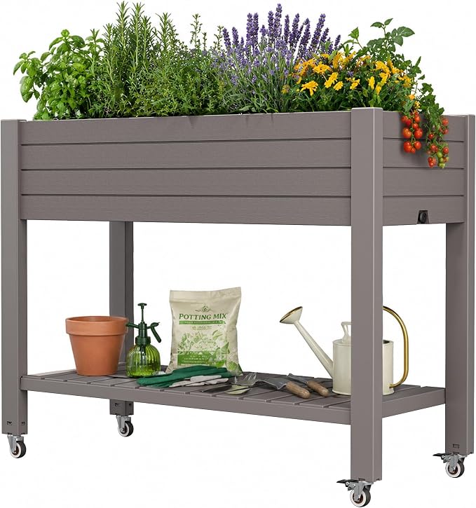 Elevated Raised Garden Bed with Wheels,Medium Gray-33.7" h