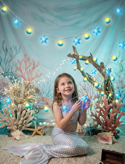 8.5Ft Beach Themed Seashell String Lights, 10L LED Starfish Seashell Lights Plug in for Boho Coastal Bedroom Seashell Party Nautical Party Holiday Decor, Indoor Outdoor