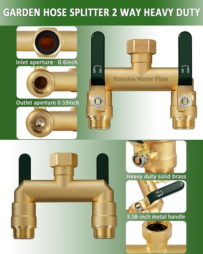 Hose Splitter 2 Way Heavy Duty, Full Flow Garden Hose Splitter with 2 Long Metal Handles, Brass Rust and Freeze Resistant Water Hose Bib Splitter, T Adapter Connector with 3/4 - Inch GHT Thread（Green）