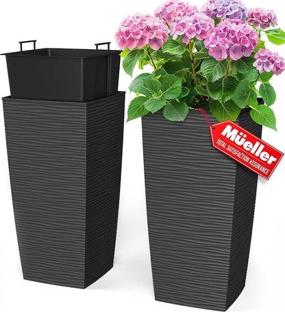 Mueller M-Resin Heavy Duty Tall Planters for Outdoor Plants, Indoor Grande Plant Pots, Boxes, Trees, Flower Pots, 2-Piece Set, 24”, Modern Design, Built-in Drainage, Front Porch Decor, Dark Gray