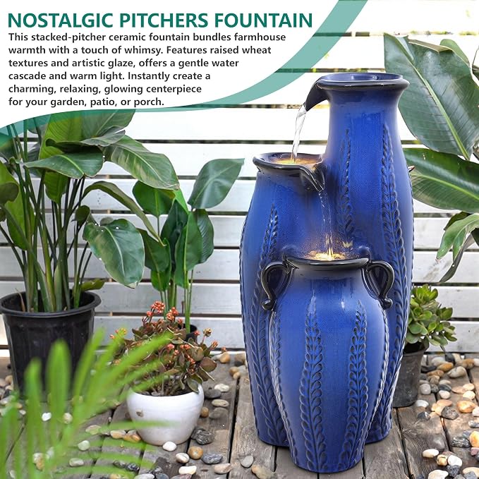 29.5" H Ceramic Outdoor Water Fountain with LED Lights, 3-Tier Vase Cascading Water Feature, Cobalt Blue with Embossed Leaf Patterns, Tranquil Waterfall for Garden, Patio, Yard, or Porch