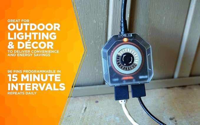 Southwire Woods Outdoor 24-Hour Mechanical Timer - Dual Grounded Outlets - Energy-Saving Power Control - Waterproof Design - Programmable Outdoor Timer - Black