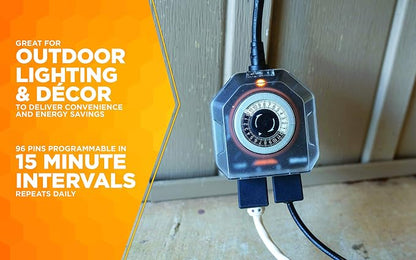 Southwire Woods Outdoor 24-Hour Mechanical Timer - Dual Grounded Outlets - Energy-Saving Power Control - Waterproof Design - Programmable Outdoor Timer - Black