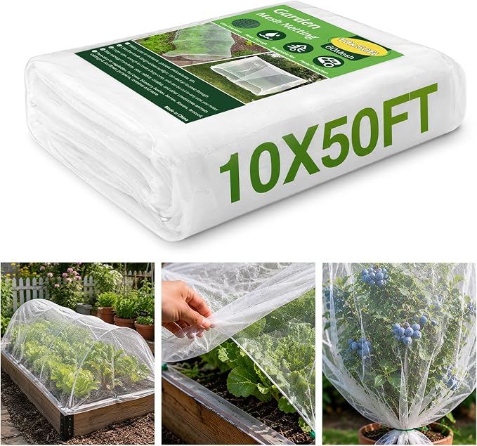 SPORTYOUTH 10x50Ft Garden Netting Ultra Fine Mesh Bird Net for Raised Beds | Insect Mosquito Bugs Barrier, Easy Cut Large Reusable Row Cover for Fruit Trees Plants Vegetable Berry Bush Patio Protection