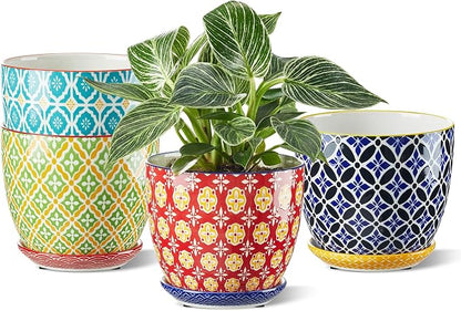 Metahom Ceramic Plant Pots, 5.8 Inch Flower Pots for Indoor Plants, Colorful Planters with Drainage Hole & Saucer, Garden Planters for Succulent, Orchid, Cactus, Home Decor, Set of 4