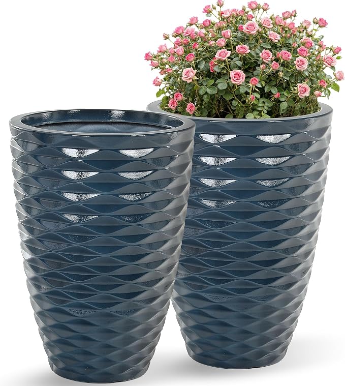 2-Pack 19" Glossy Navy Blue Resin Tall Planters with Wave Texture | Set of 2 resin tall planters with glossy navy blue wave texture, drainage plugs, and UV-resistant finish for porch or patio