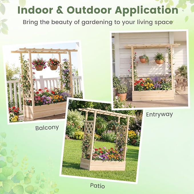 Giantex Wooden Raised Garden Bed with Trellis & Hanging Roof, 2 Pack Fir Wood Planter Box, 45" Freestanding Elevated Garden Bed for Outdoor Climbing Plants Vegetables Flowers, Patio & Balcony, Natural
