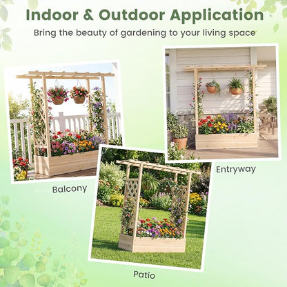 Giantex Wooden Raised Garden Bed with Trellis & Hanging Roof, 2 Pack Fir Wood Planter Box, 45" Freestanding Elevated Garden Bed for Outdoor Climbing Plants Vegetables Flowers, Patio & Balcony, Natural