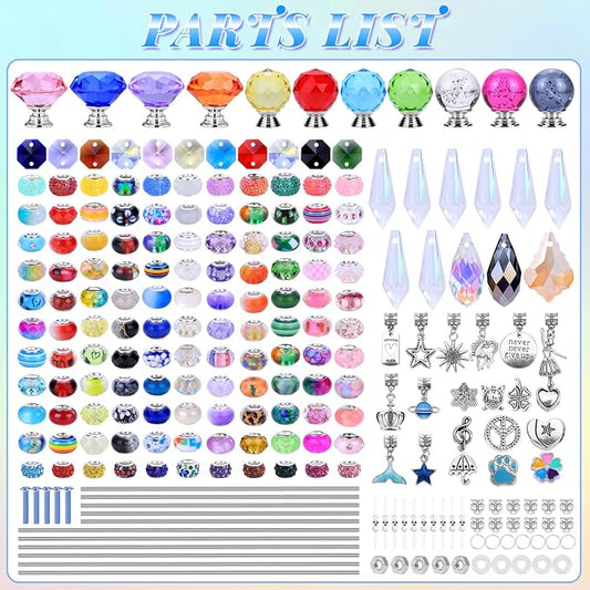 AIPRIDY DIY Crystal Beaded Fairy Wand Garden Stakes Kit, Colorful Decorative Wands with Assembly Guide, 12 or 10 Inch Threaded Rods,Outdoor Garden Decoration Set (390, Rainbow+Mixed Top)
