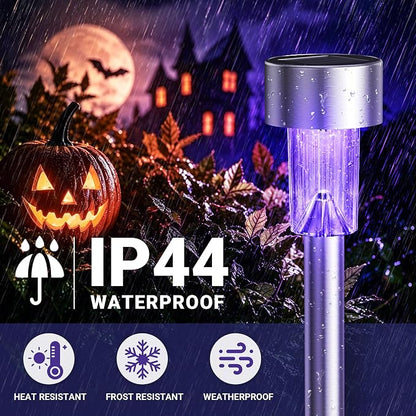 GIGALUMI Purple Solar Pathway Lights, 12-Pack Outdoor Halloween Decor | Waterproof LED stainless stakes for yard, garden, driveway, walkway. Purple glow creates spooky atmosphere.