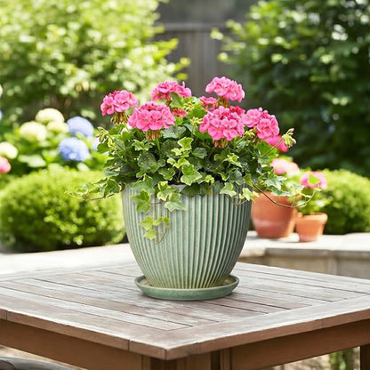 8 Inch Planter, Ceramic Plant Pots with Drainage Hole and Saucer, Decorative Pots for Plants Indoor, Ceramic Flower Pots, Round Modern Planter, Living Room Decor, House Warming Gifts, Green