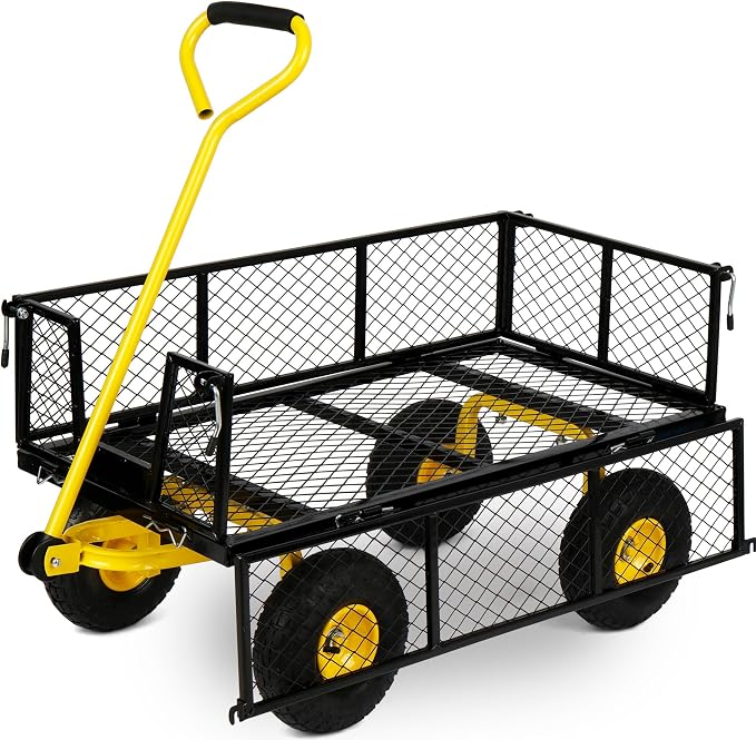 Simpli-Magic Heavy Duty 1100 Lbs Capacity Mesh Steel Garden Cart Folding Utility Wagon Yard Cart with Removable Sides and Large Wheels