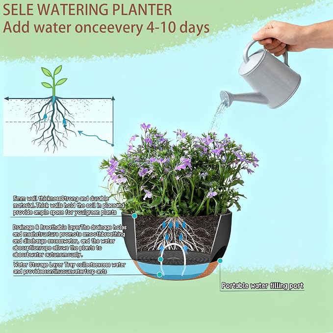 Set of 4-8 Inch Self Watering Hanging Planters for Indoor Outdoor，Hanging Plant Pots with Drainage & Removable Tray, Hanging Pots Holder for Ivy, Pothos, Ferns, Balcony & Patio, Black Brown