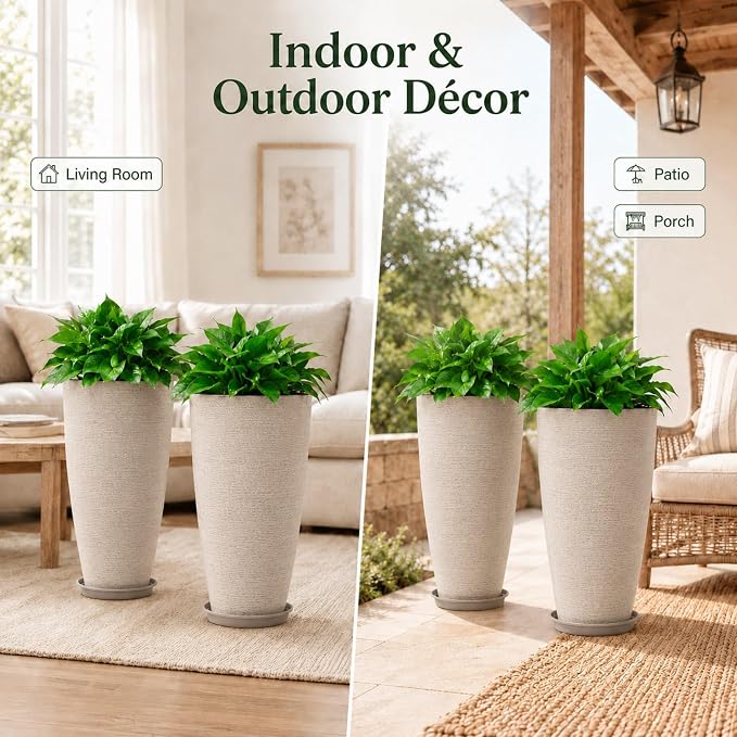 Neoaider Set of 2 Tall Planter, 21 inch Large Plastic Planter, Oat Color | Ceramic-Look, Lightweight, Built-in Drain Hole, Saucers, Tall Outdoor Planter for Porch, Garden, Patio, Balcony