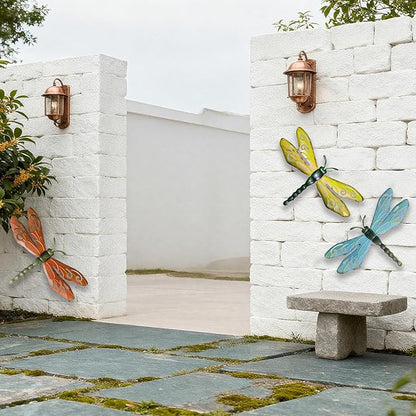 PLASUPPY Metal Dragonfly Wall Decor Outdoor Garden Fence Art Hanging Decorations for Patio, Yard, Indoor Home, Living Room, Bedroom, 3 Pack (Large)