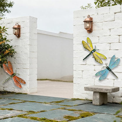PLASUPPY Metal Dragonfly Wall Decor Outdoor Garden Fence Art Hanging Decorations for Patio, Yard, Indoor Home, Living Room, Bedroom, 3 Pack (Small)
