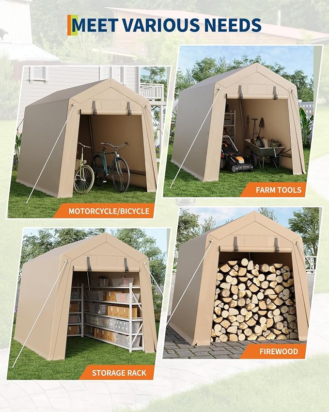 7 x 10 Ft Bike Shed ATV Storage Tent Portable Storage Shed Outdoor Carport Tarp Sheds with Roll-Up Door for Motorcycle, Car, Garden Tools Khaki