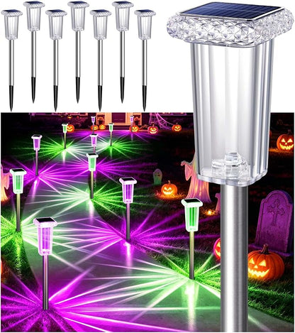 DenicMic Solar Lights Outdoor Waterproof 8 Pack 10 Modes Halloween Decor | 3000K/4000K/6000K/6 Fix Color/Color Changing LED Pathway Yard Garden Walkway Driveway, Acrylic Lampshade Stainless Steel Pole