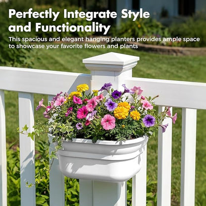 Hanging Planters for Outdoor Plants - Fence Hanging Planters for PVC Fence, Plant Hangers Hanging Plant Flower Pots White with Post Caps for Garden Yard Decor, Easy Install - 4 Pack