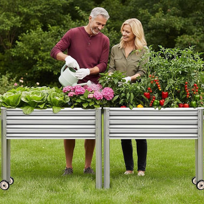 Land Guard 2 Pack Galvanized Raised Garden Bed with Legs & Wheels, 48×18×32in Metal Elevated Raised Planter Box for Backyard, Patio, Balcony, 500lb Capacity, Silver