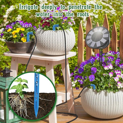 Solar Automatic Drip Irrigation System Kit, Auto Watering Kit for DIY Garden Watering System with 9 Timing Modes and Anti-Siphon Set，Indoor/Outdoor Garden, Balcony & Patio Irrigation System