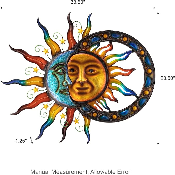 Glitzhome Sun and Moon Wall Decor, 33.5 Inch Celestial Metal Wall Art with Glossy Color Finish and Antique Details, Outdoor Sun and Moon Decor for Garden Porch Patio Home